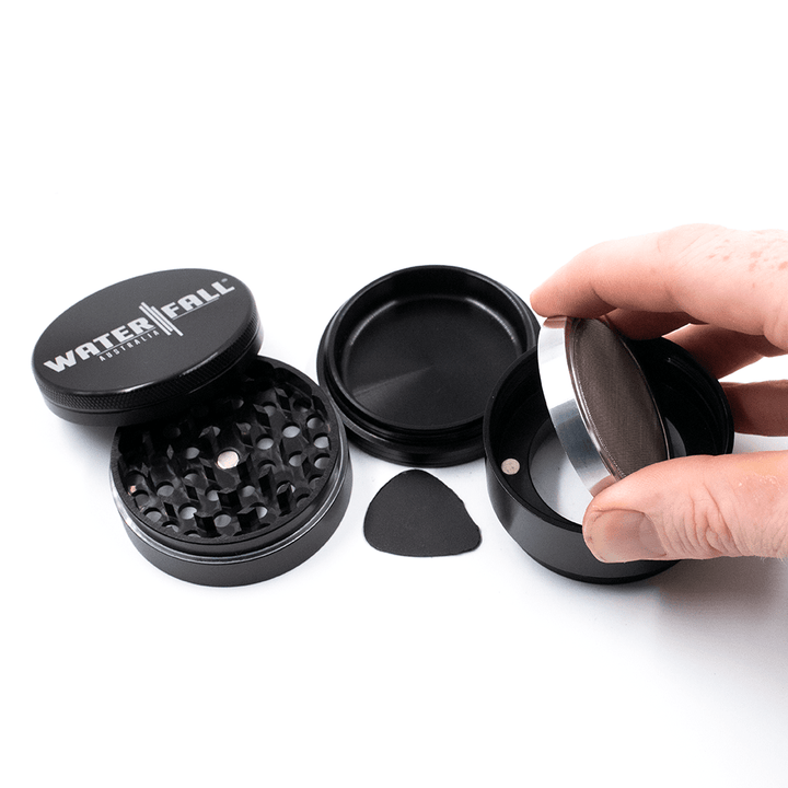 Four-Part Gloss Aluminium Grinder with Removable Screen 63mm Waterfall