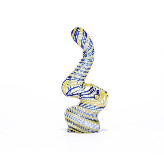 GLASS BUBBLER - 12CM CLEAR WITH BLUE AND YELLOW SPIRAL STRIPES The Bong Shop