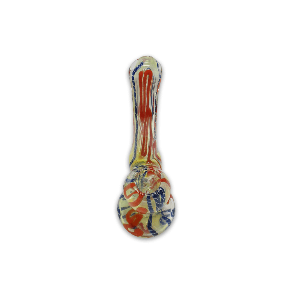 GLASS BUBBLER - 12CM CLEAR WITH BLUE AND ORANGE STRIPES The Bong Shop