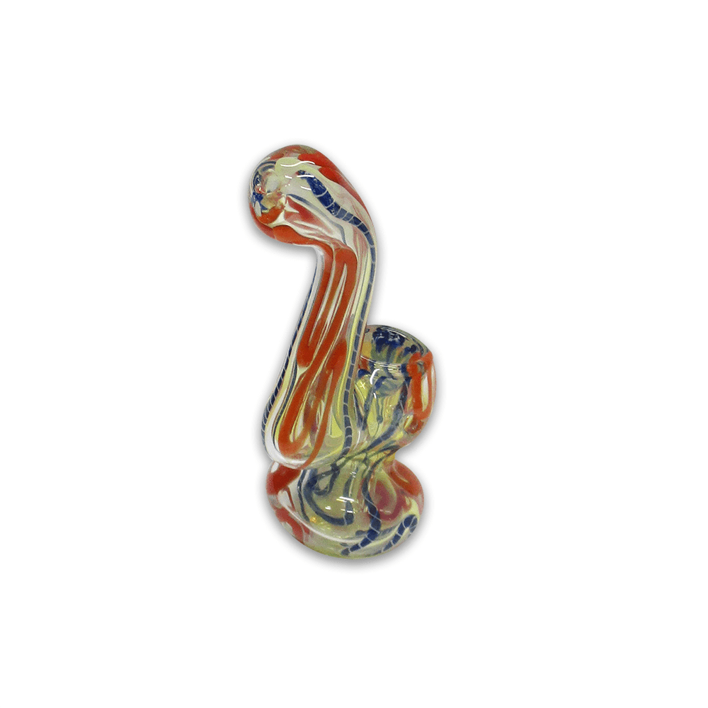 GLASS BUBBLER - 12CM CLEAR WITH BLUE AND ORANGE STRIPES The Bong Shop