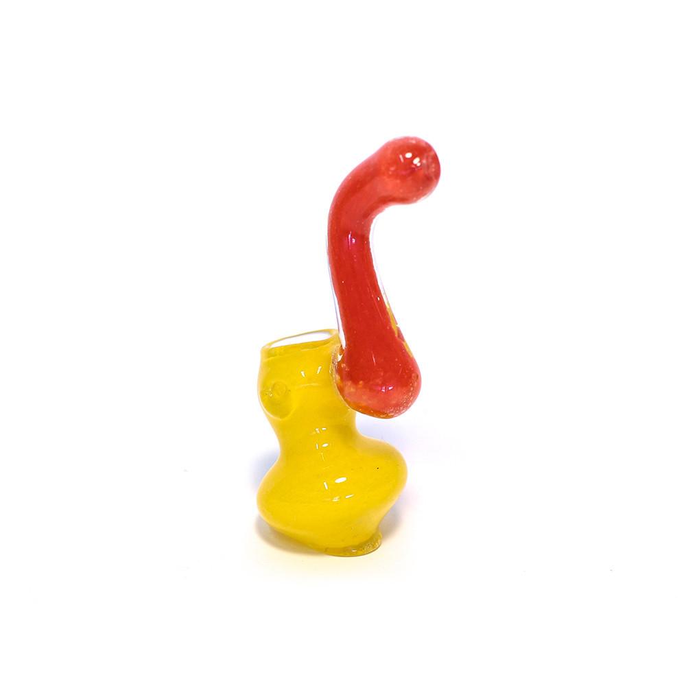 GLASS BUBBLER - 10CM CLEAR WITH YELLOW BASE AND RED STEM The Bong Shop
