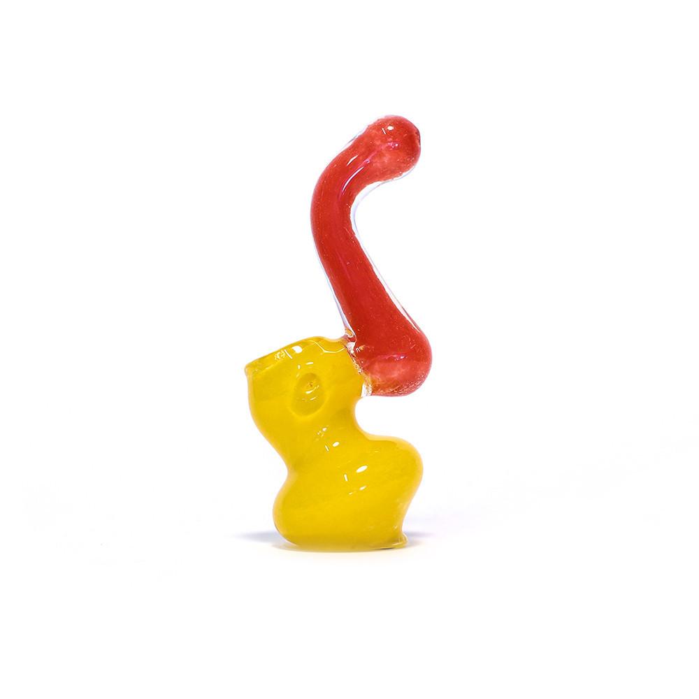 GLASS BUBBLER - 10CM CLEAR WITH YELLOW BASE AND RED STEM The Bong Shop