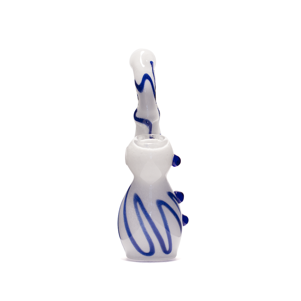 GLASS BUBBLER - 15CM WHITE WITH BLUE STRIPES AND RAISED DOTS The Bong Shop