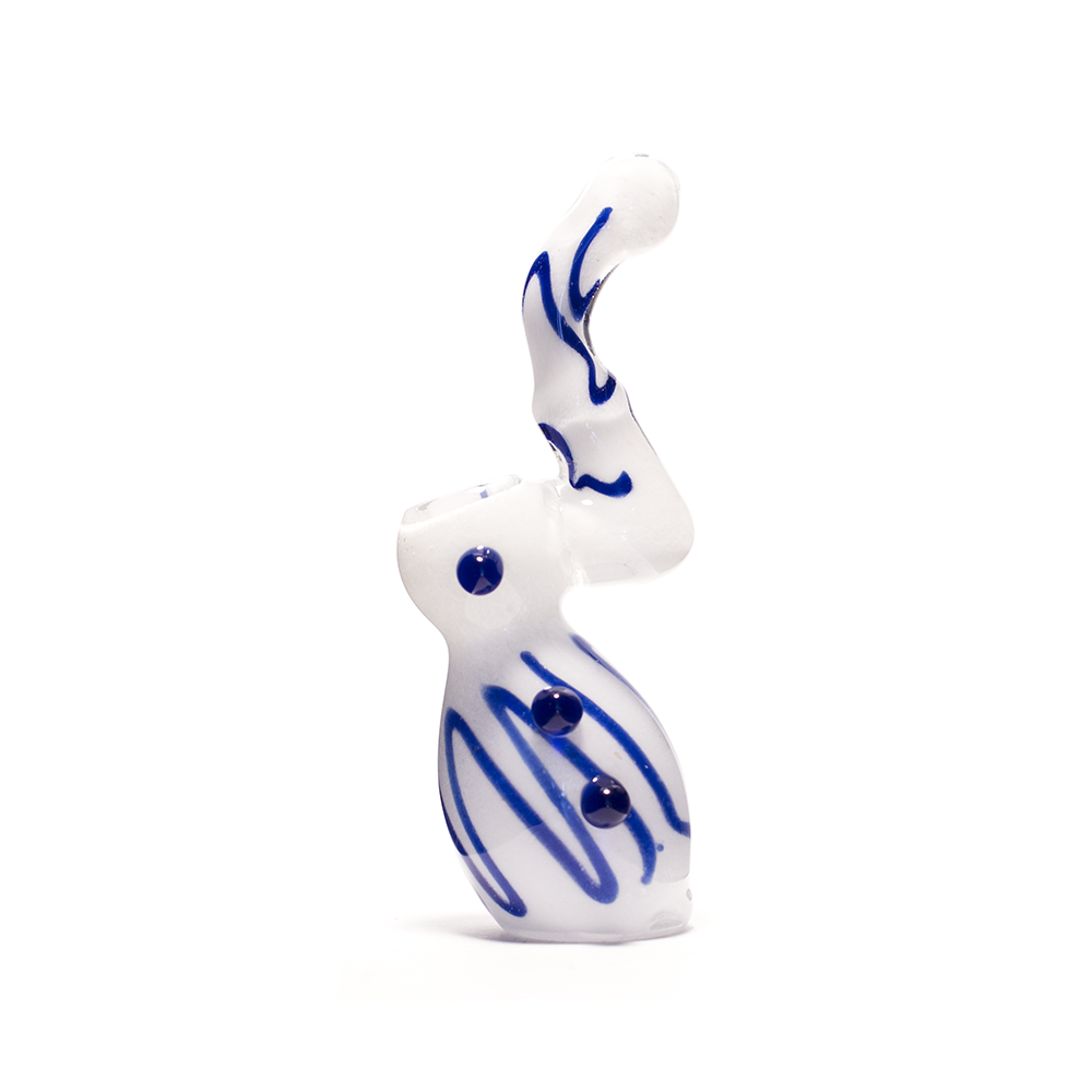 GLASS BUBBLER - 15CM WHITE WITH BLUE STRIPES AND RAISED DOTS The Bong Shop