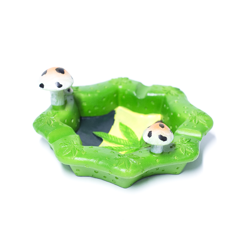 ASHTRAY - GREEN WEED LEAF W/ MUSHROOMS The Bong Shop