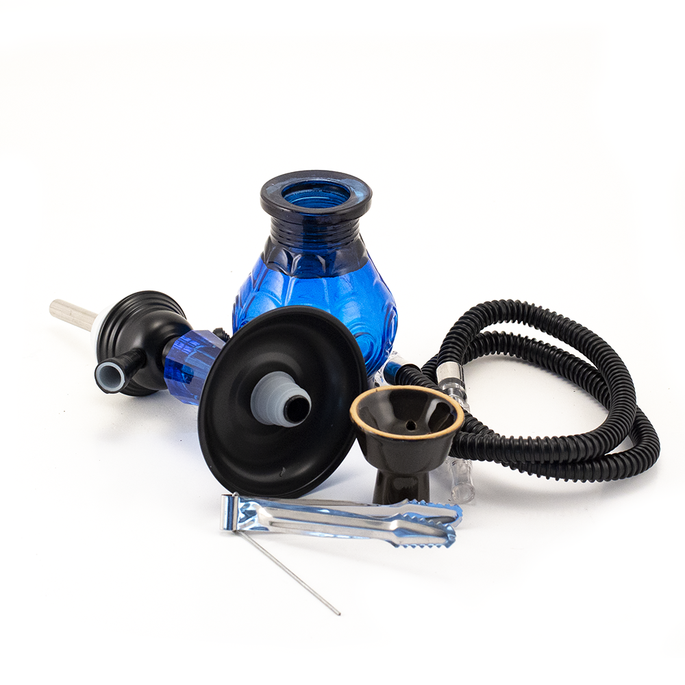 HOOKAH - 30cm 1 HOSE BLUE GLASS BLACK METAL & CONE The Bong Shop