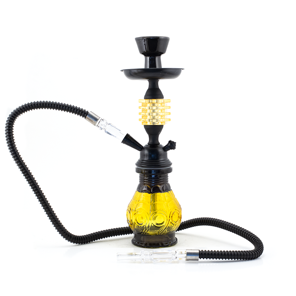 HOOKAH - 32cm 1 HOSE ORANGE GLASS W/ SQUARE DISC NECK BLACK METAL & CONE The Bong Shop
