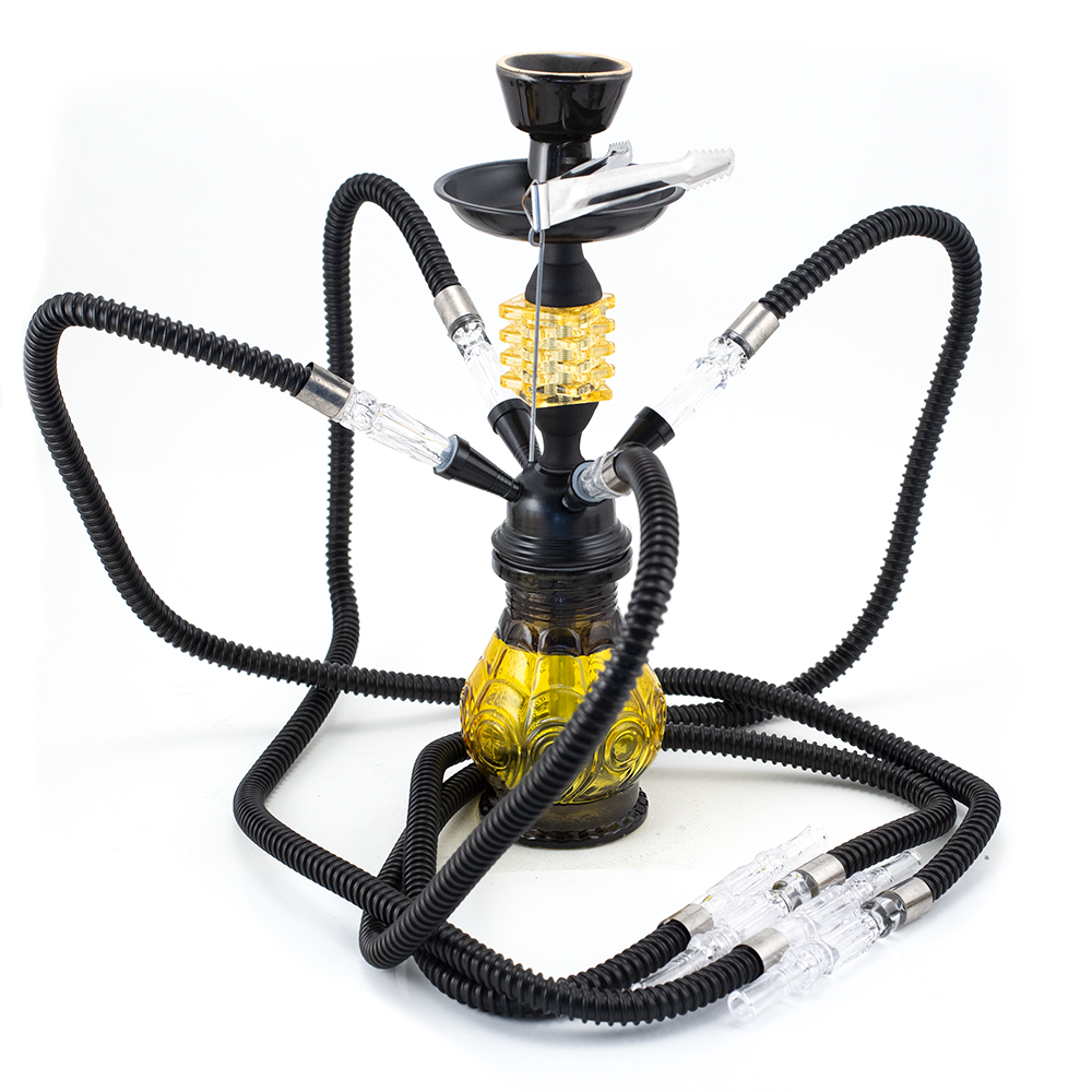 HOOKAH - 32cm 4 HOSE ORANGE GLASS W/ SQUARE DISC NECK BLACK METAL & CONE The Bong Shop