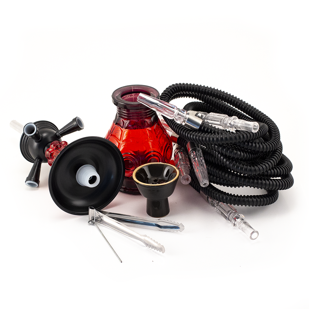 HOOKAH - 30cm 4 HOSE RED GLASS BLACK METAL & CONE The Bong Shop