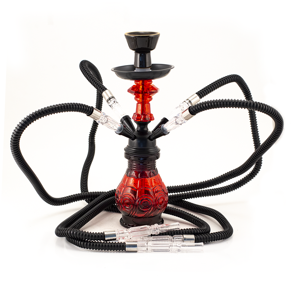 HOOKAH - 30cm 4 HOSE RED GLASS BLACK METAL & CONE The Bong Shop