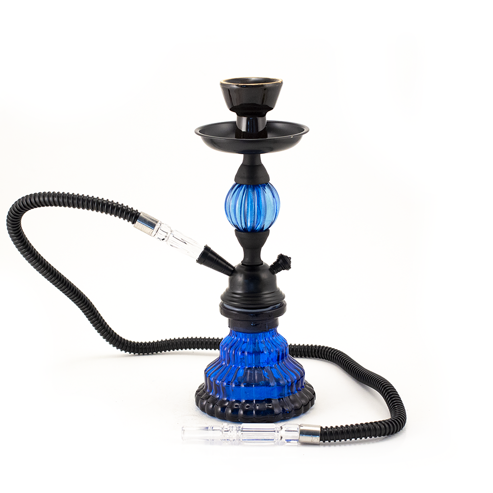 HOOKAH - 30cm 1 HOSE BLUE JELLY GLASS BLACK METAL & CONE The Bong Shop