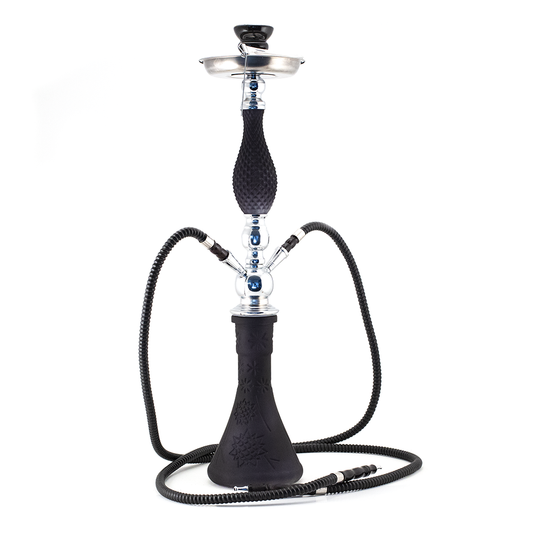 HOOKAH - 65cm 2 HOSE MATT BLK PATTERN GLASS CHROME METAL BLACK CONE The Bong Shop