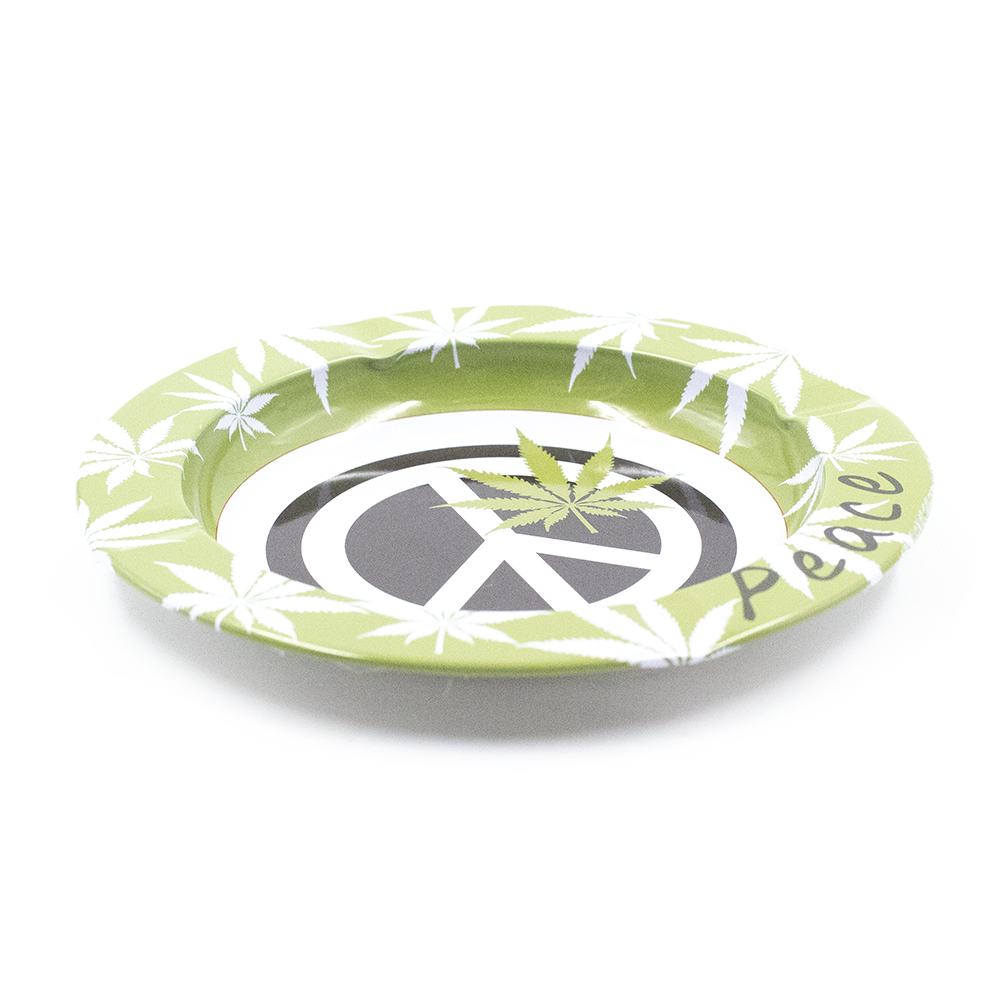 ASHTRAY - METAL GREEN PEACE WHITE LEAVES The Bong Shop