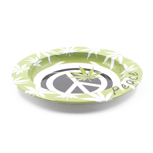 ASHTRAY - METAL GREEN PEACE WHITE LEAVES The Bong Shop