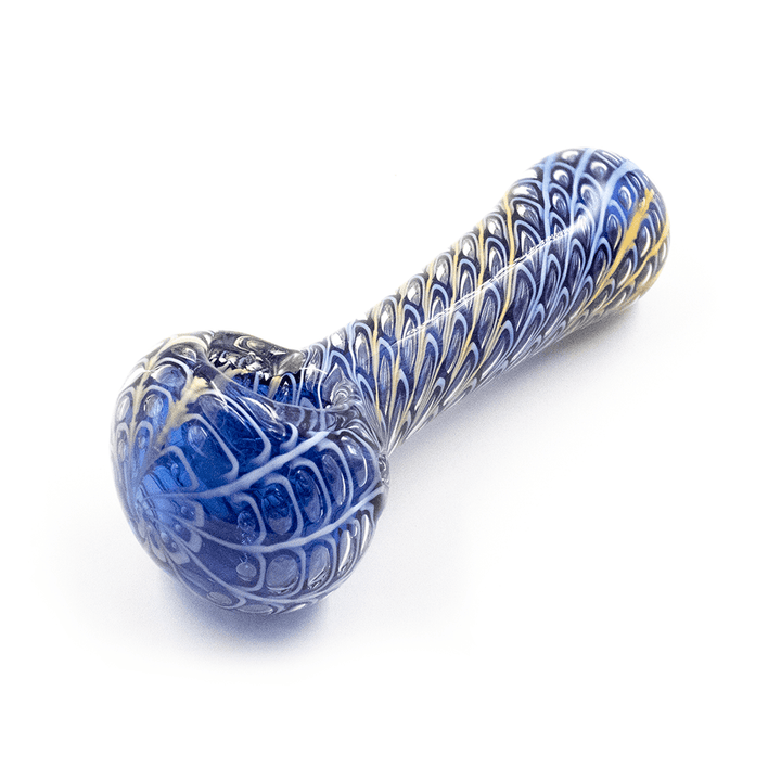 GLASS PIPE- DARK BLUE W/PALE BLUE AND YELLOW RIBBON #10 The Bong Shop