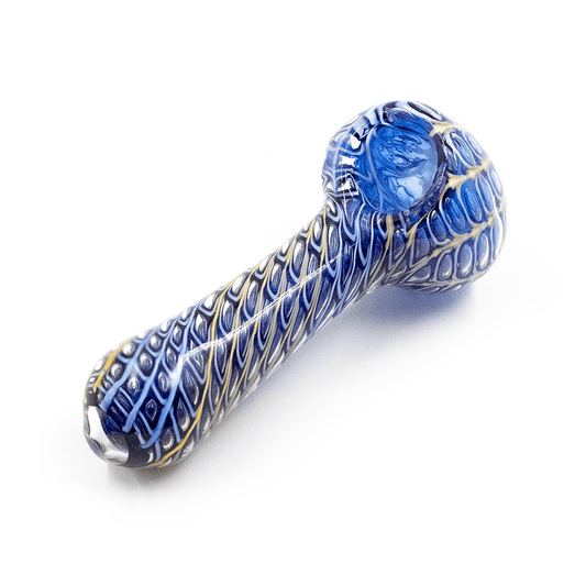 GLASS PIPE- DARK BLUE W/PALE BLUE AND YELLOW RIBBON #10 The Bong Shop