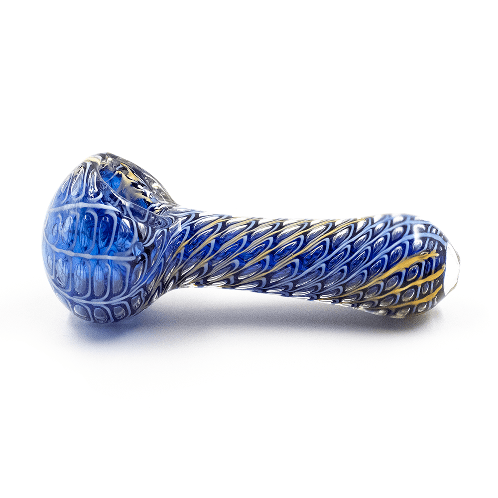GLASS PIPE- DARK BLUE W/PALE BLUE AND YELLOW RIBBON #10 The Bong Shop
