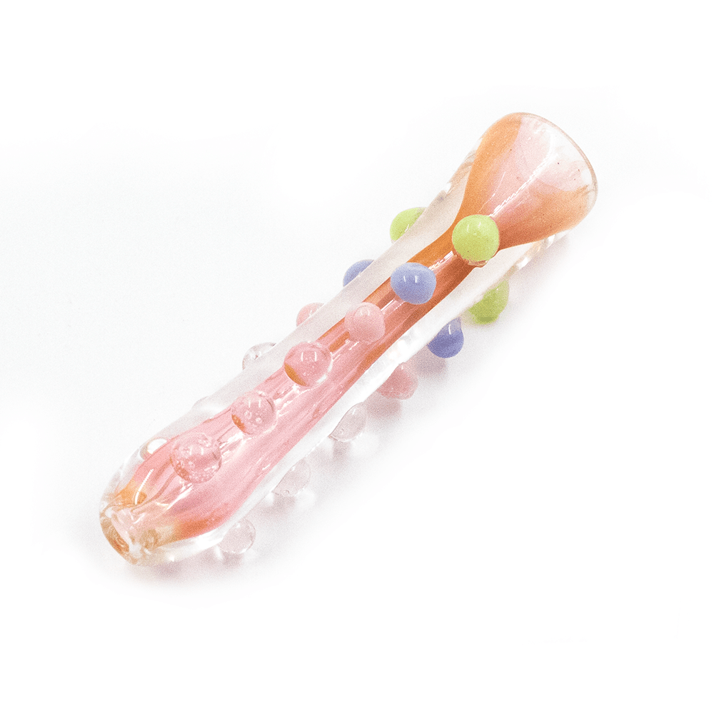 GLASS PIPE- STRAIGHT CLEAR W/BUMPS PALE PINK CENTRE #30 The Bong Shop