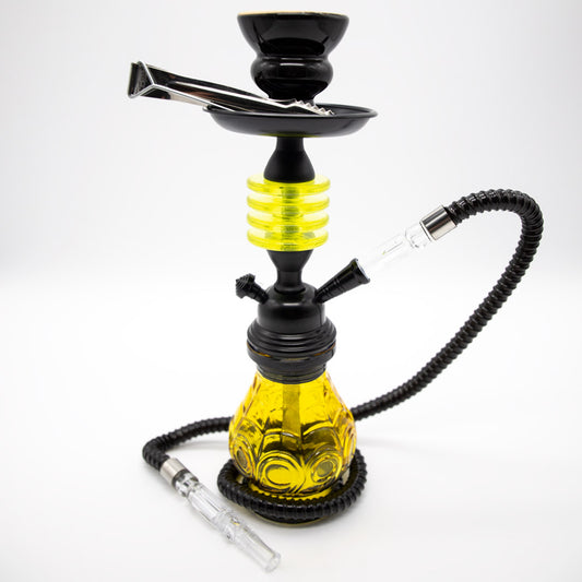 HOOKAH - 32cm 1 HOSE ORANGE GLASS W/ROUND DISC NECK BLACK METAL & CONE The Bong Shop