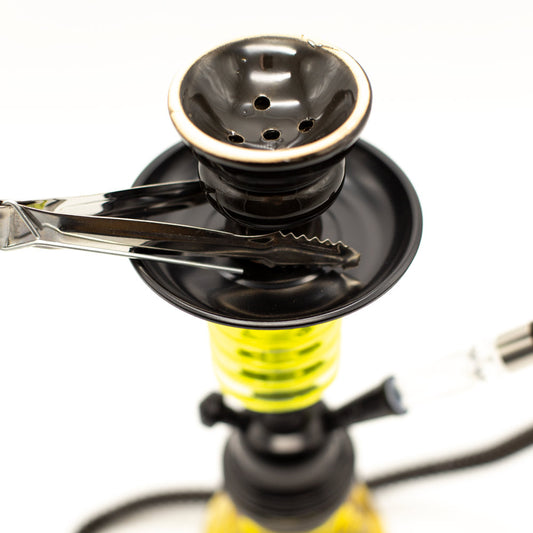 HOOKAH - 32cm 1 HOSE ORANGE GLASS W/ROUND DISC NECK BLACK METAL & CONE The Bong Shop
