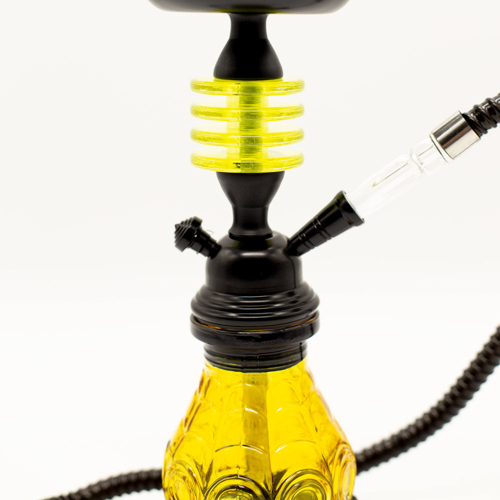 HOOKAH - 32cm 1 HOSE ORANGE GLASS W/ROUND DISC NECK BLACK METAL & CONE The Bong Shop
