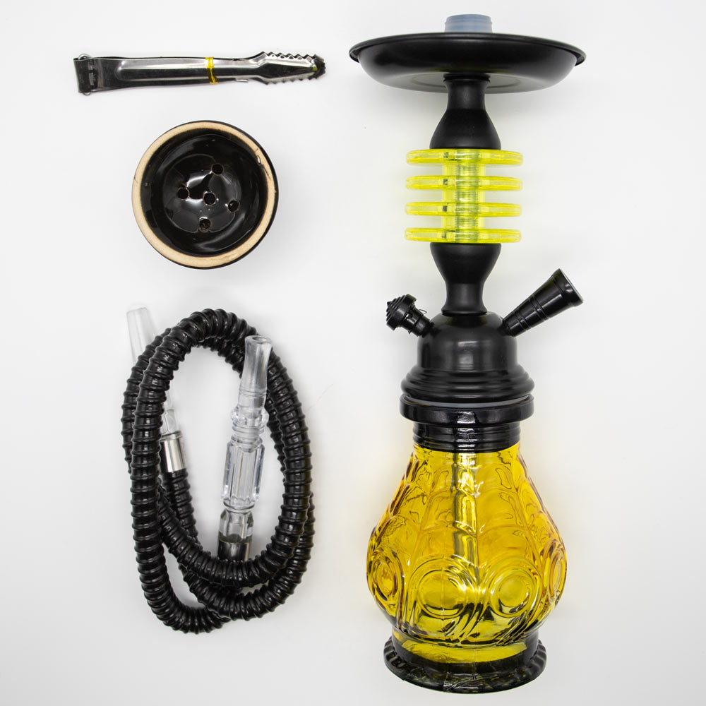 HOOKAH - 32cm 1 HOSE ORANGE GLASS W/ROUND DISC NECK BLACK METAL & CONE The Bong Shop