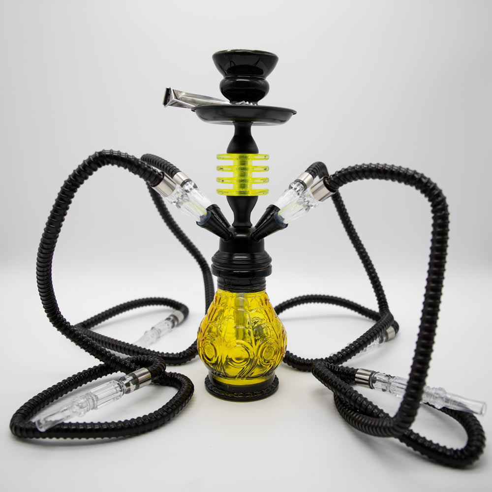 HOOKAH - 32cm 4 HOSE ORANGE GLASS W/ ROUND DISC NECK BLACK METAL & CONE The Bong Shop