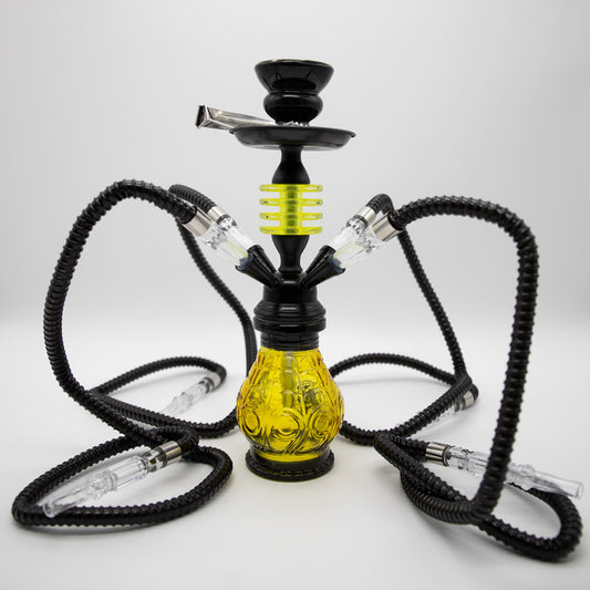 HOOKAH - 32cm 4 HOSE ORANGE GLASS W/ ROUND DISC NECK BLACK METAL & CONE The Bong Shop