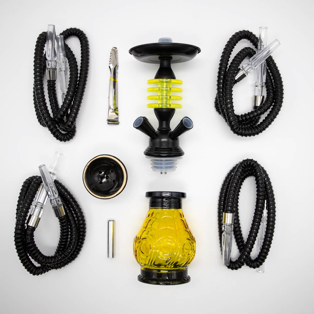 HOOKAH - 32cm 4 HOSE ORANGE GLASS W/ ROUND DISC NECK BLACK METAL & CONE The Bong Shop