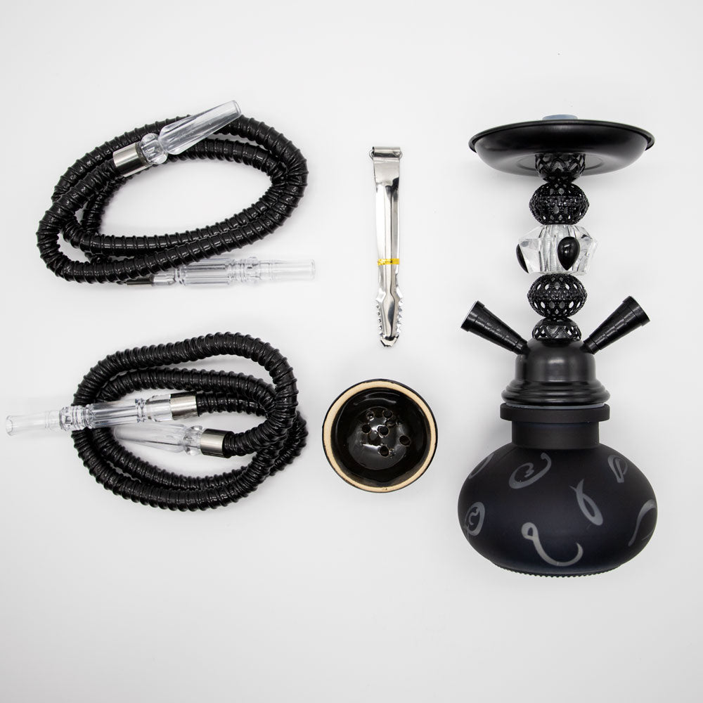 HOOKAH - 26cm 2 HOSE BLACK ARABIC GLASS BLACK METAL & CONE The Bong Shop