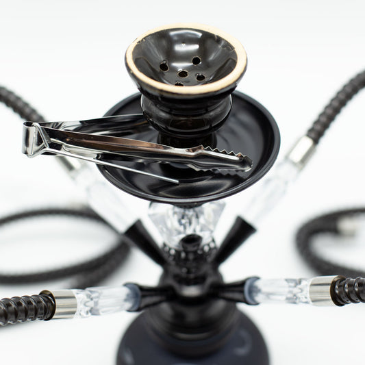 HOOKAH - 26cm 4 HOSE BLACK ARABIC GLASS BLACK METAL & CONE The Bong Shop
