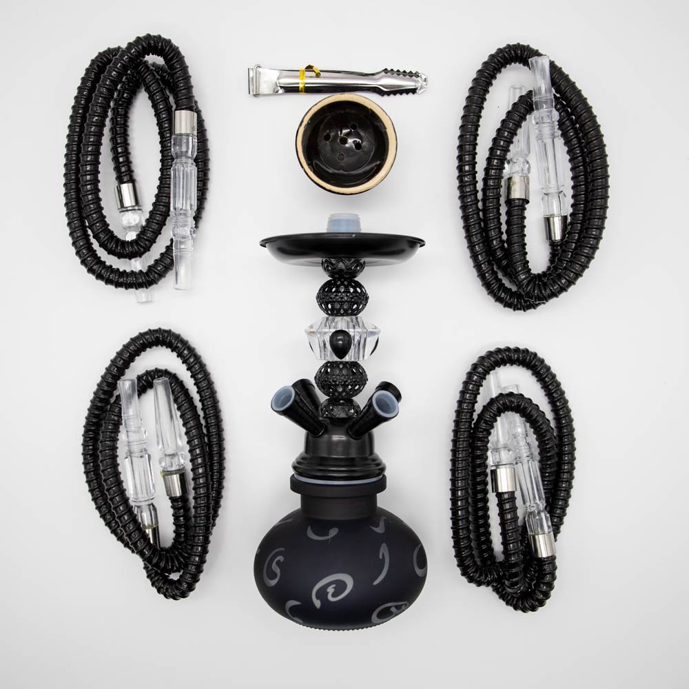 HOOKAH - 26cm 4 HOSE BLACK ARABIC GLASS BLACK METAL & CONE The Bong Shop