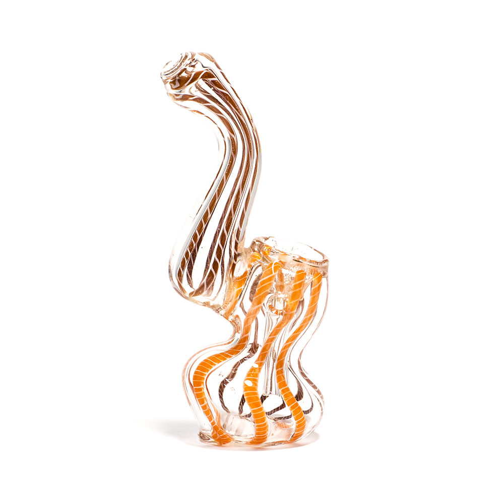 GLASS BUBBLER - 12CM CLEAR WITH ORANGE AND MIXED STRING STRIPES The Bong Shop