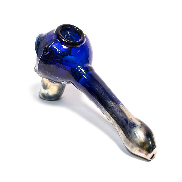 PIPE - GLASS BLUE TUBE/SILVER FUMED SKULL The Bong Shop