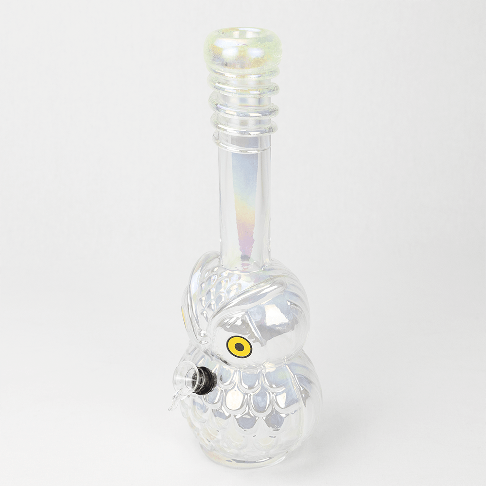 GLASS BONG-NIGHT WATCHER OWL 33.5cm OIL SLICK WHITE S/GLASS Planet X