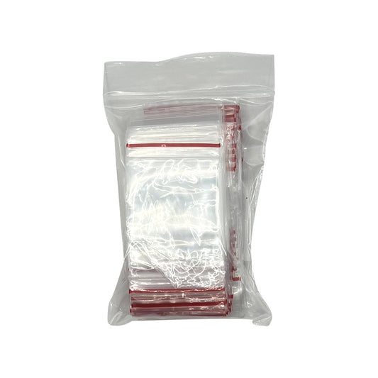 PLASTIC BAG ZIP - 1 1/2" x 2" (38mmx50mm) RED STRIPE P/S BAG (100)