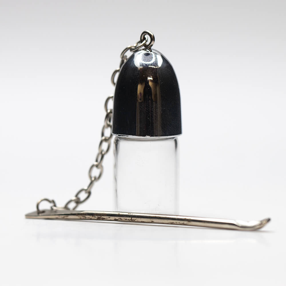 SNUFF VIAL WITH CAP AND SPOON SILVER 35mm BROWN OR CLEAR The Bong Shop
