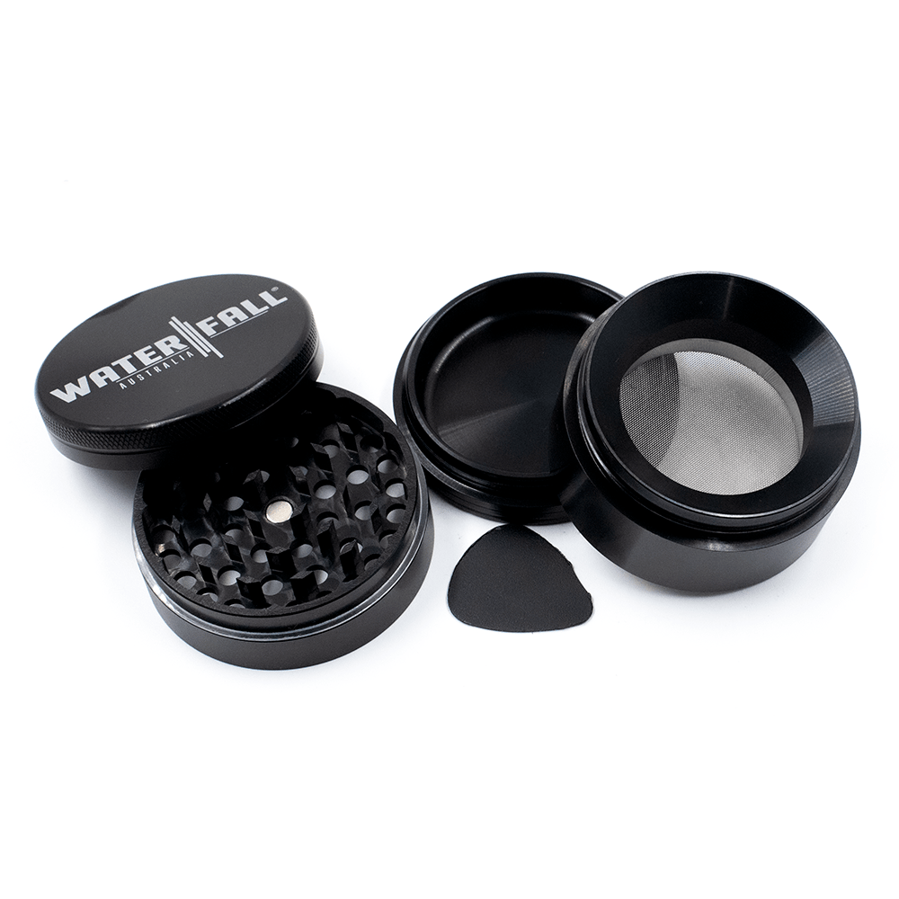 Four-Part Gloss Aluminium Grinder with Removable Screen 63mm Waterfall