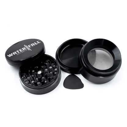 Four-Part Gloss Aluminium Grinder with Removable Screen 63mm Waterfall