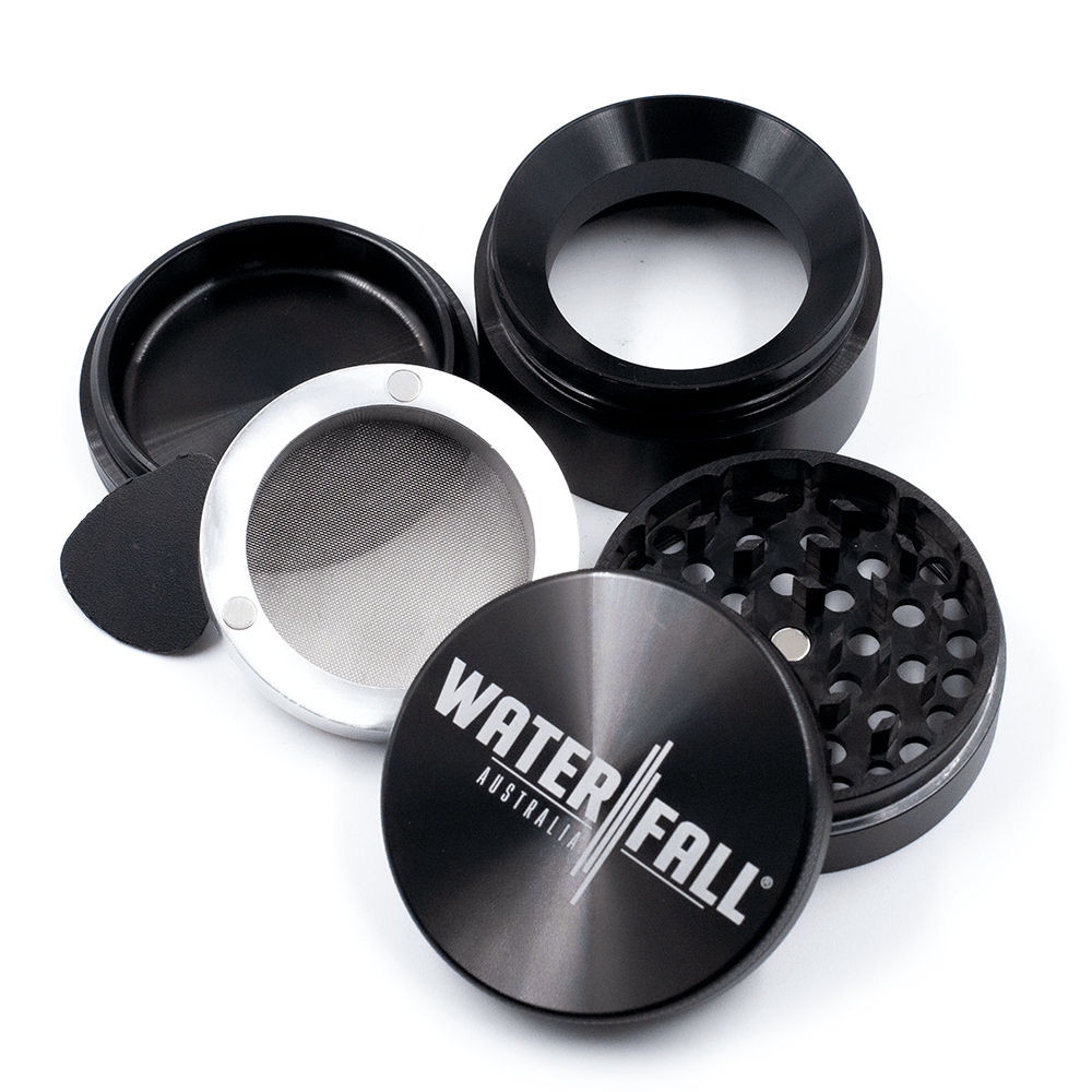 Four-Part Gloss Aluminium Grinder with Removable Screen 63mm Waterfall