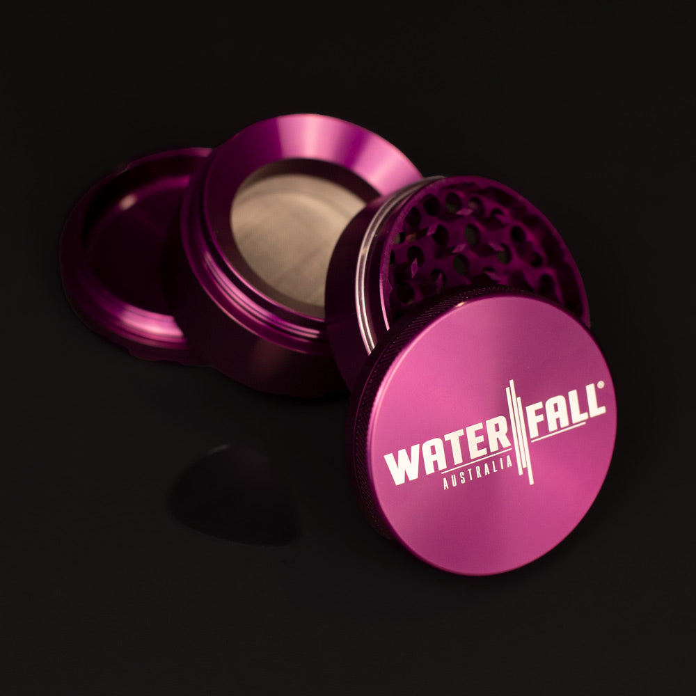 Four-Part Gloss Aluminium Grinder with Removable Screen 63mm Waterfall