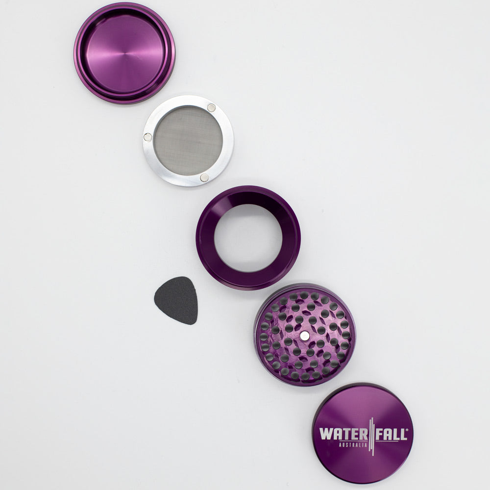 Four-Part Gloss Aluminium Grinder with Removable Screen 63mm Waterfall