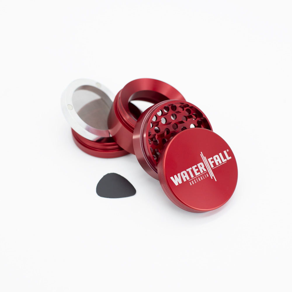Four-Part Gloss Aluminium Grinder with Removable Screen 63mm Waterfall