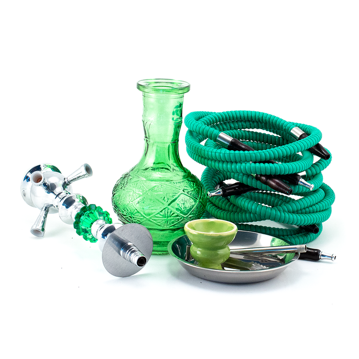 HOOKAH - 51cm 2 HOSE GREEN GLASS CHROME METAL GREEN CONE The Bong Shop