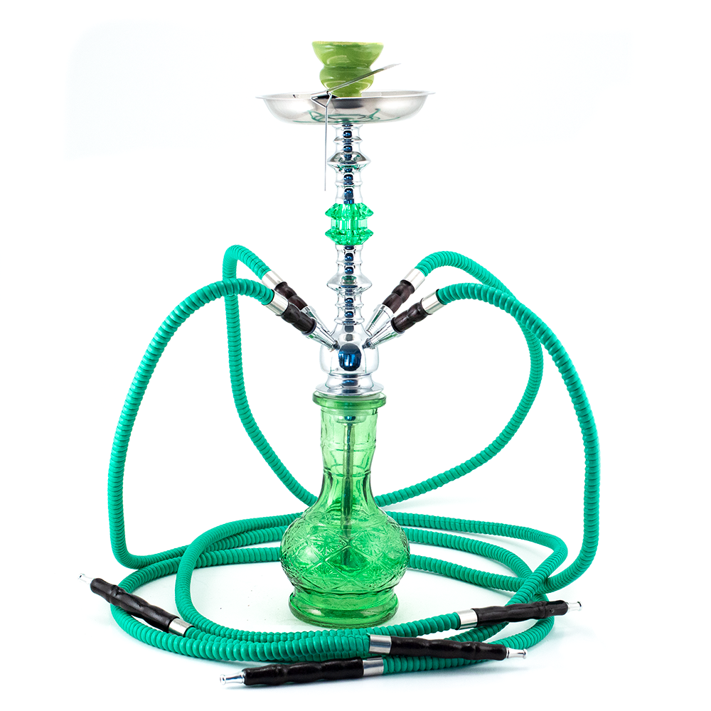 HOOKAH - 51cm 2 HOSE GREEN GLASS CHROME METAL GREEN CONE The Bong Shop