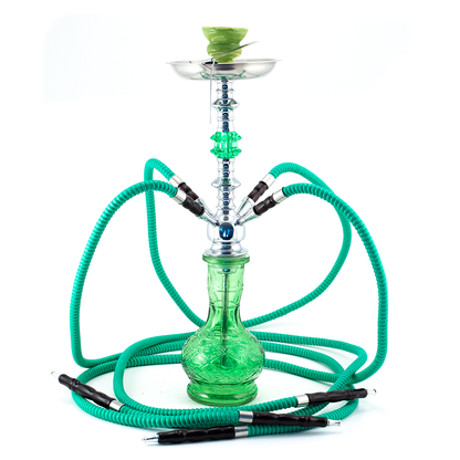 HOOKAH - 51cm 2 HOSE GREEN GLASS CHROME METAL GREEN CONE The Bong Shop