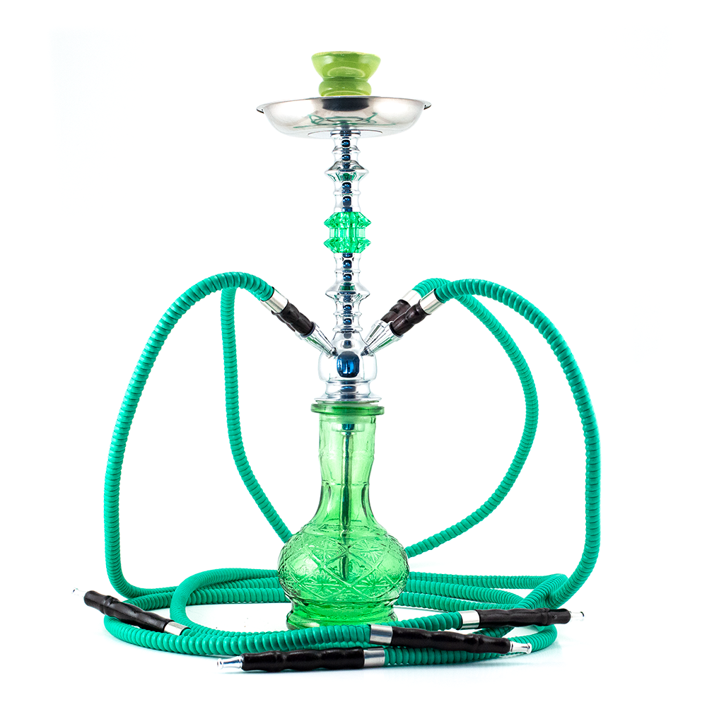 HOOKAH - 51cm 2 HOSE GREEN GLASS CHROME METAL GREEN CONE The Bong Shop