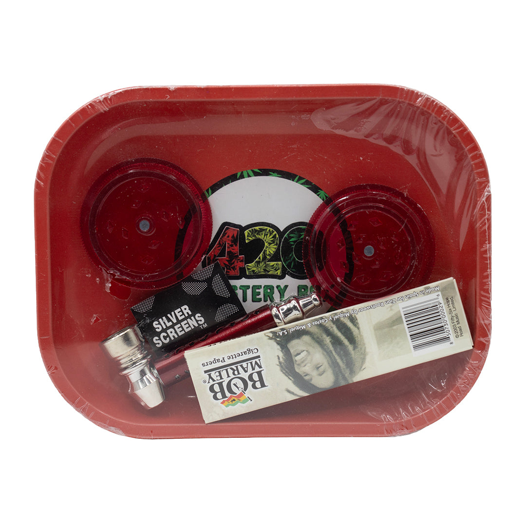 Rolling Tray Pack - Red (Tray, Grinder, Pipe, Papers, Screens)