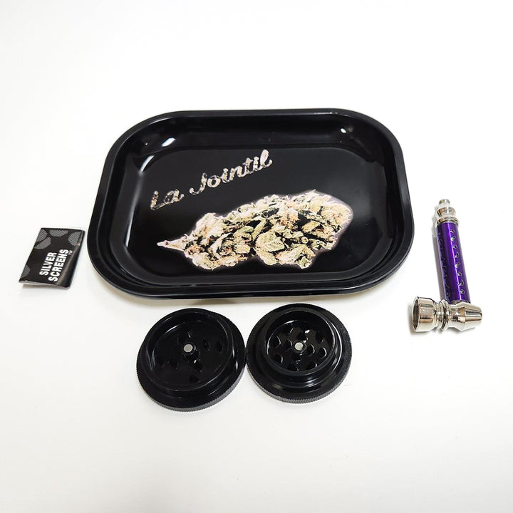 ROLLING TRAY PACK - BLACK (Tray, Grinder, Pipe, Screens) The Bong Shop