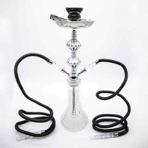 Clear Flower Pattern Glass Chrome Metal Hookah [Two Hose] The Bong Shop